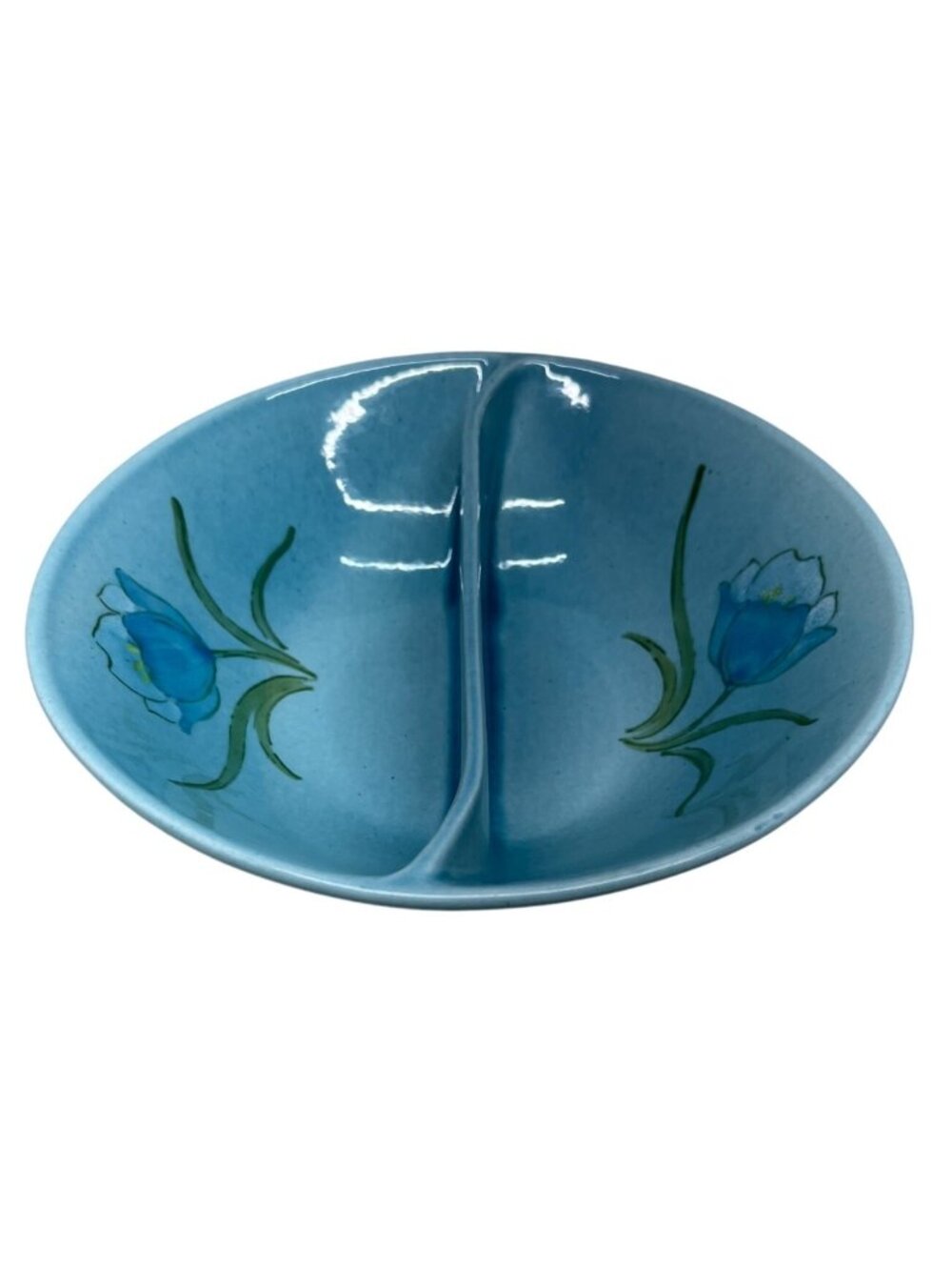 Vintage Metlox Vernon Ware Blue Tulip Divided Round Vegetable Bowl 9 1/8”